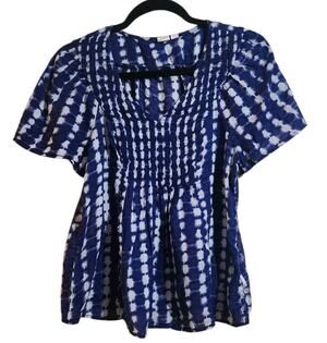 Smocked Navy Blue & White Flowy Top S Gap Lightweight Cotton Blouse Beachy Coast
